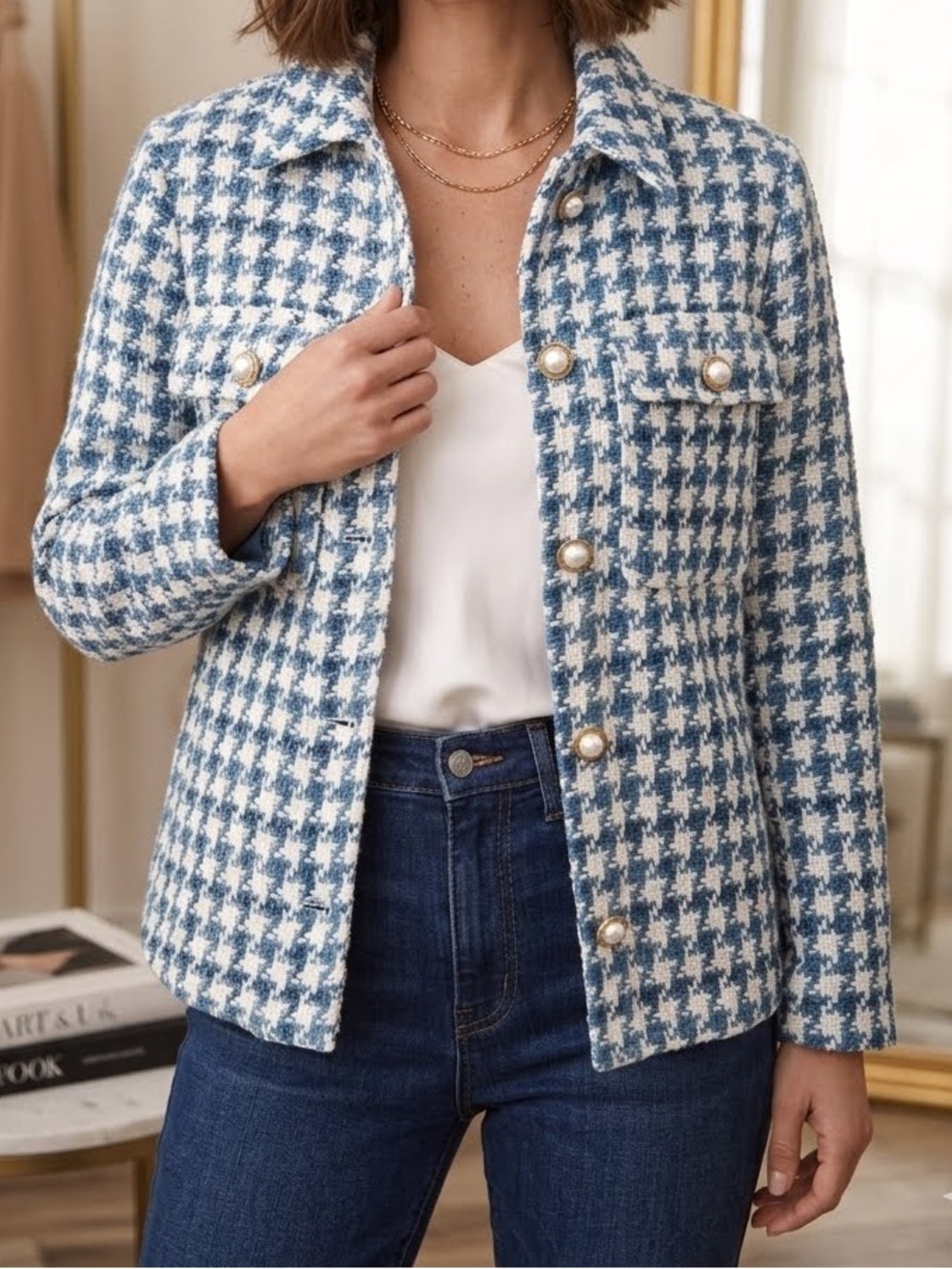 Zara Shacket Blazer Shacket Blue Ivory Houndstooth Bouclé pearl goldtone